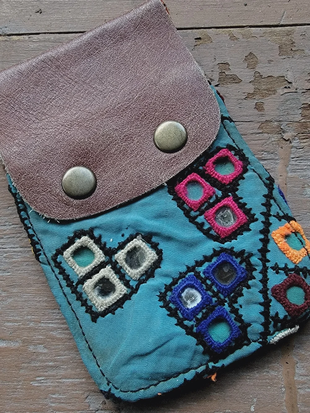 Free People embroidered banjara boho repurposed vtg leather wallet card case